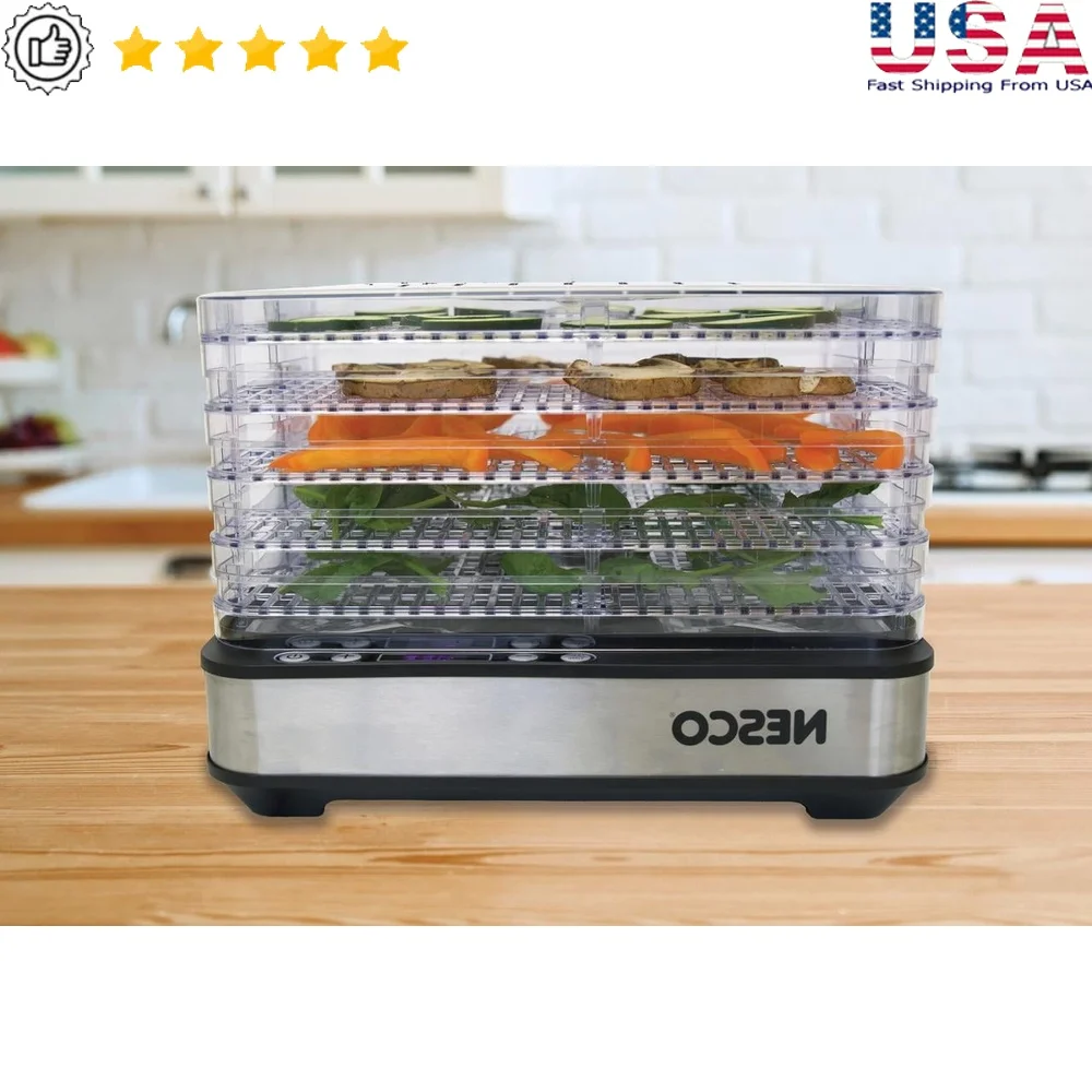 

5-Tray Digital Dehydrator with Timer and Bottom Fan Even Drying Adjustable Temperature 95-158F Clear View Compact Space-Saving