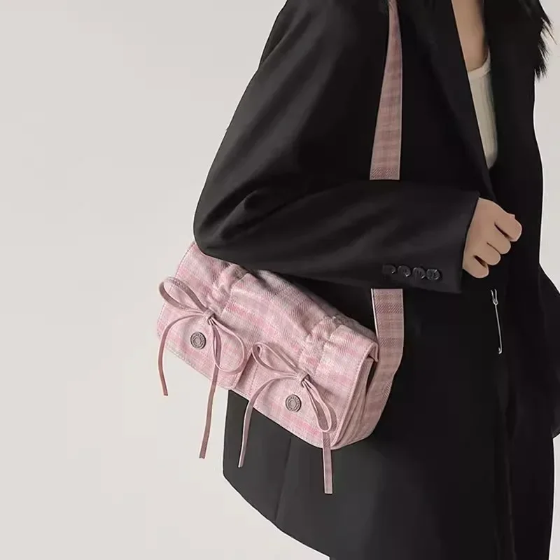 Pink Bow Ruched Armpit Bag Fashion Plaid Pleated Womens Shoulder Bag New Casual Sweet Literary Exquisite Messenger Armpit Bag