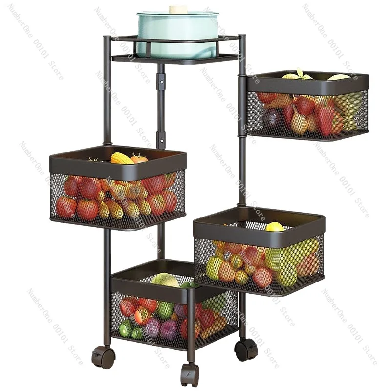 Multi Layer Rotating Storage Rack Home Kitchen Floor Standing Snack Cart Living Room Organizer Fruit Vegetable Basket Rolling