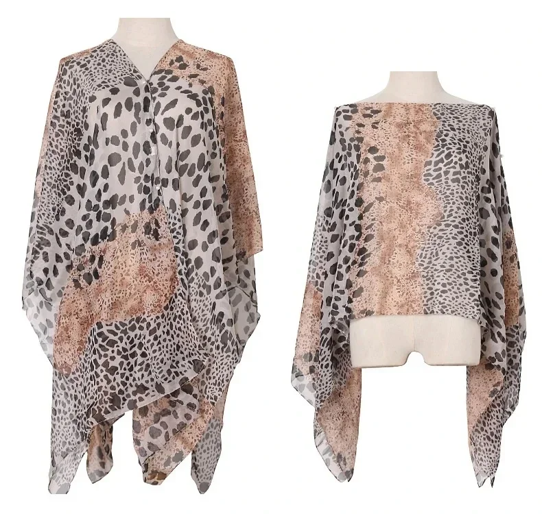 Summer 2024 Women Sunscreen Shawl Leopard Print Imitation Silk Scarf Shawl Pearl Buckle Cloak Lady Poncho Capes