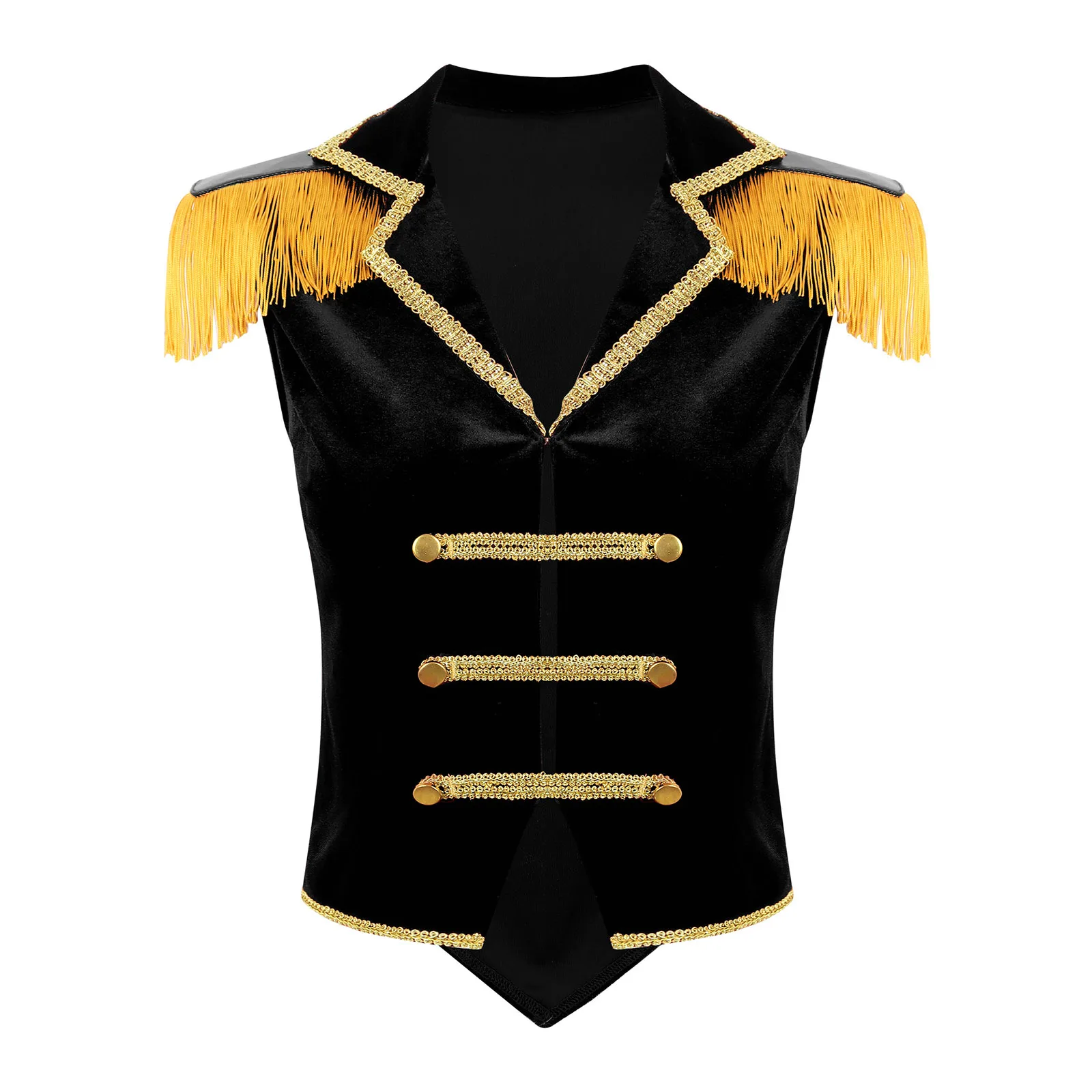 Womens Circus Ringmaster Costume Jacket Halloween Cosplay Outfit Lapel Sleeveless Tassels Waistcoat Irregular Hem Button Vest