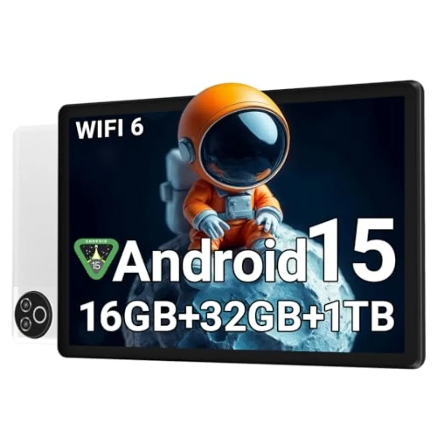 Android 15 Tablet for kids adults: Arctic white HD IPS touchscreen 16GB RAM/32GB ROM + 1TB expandable WiFi 6 BT 5.4 5-core 8H+