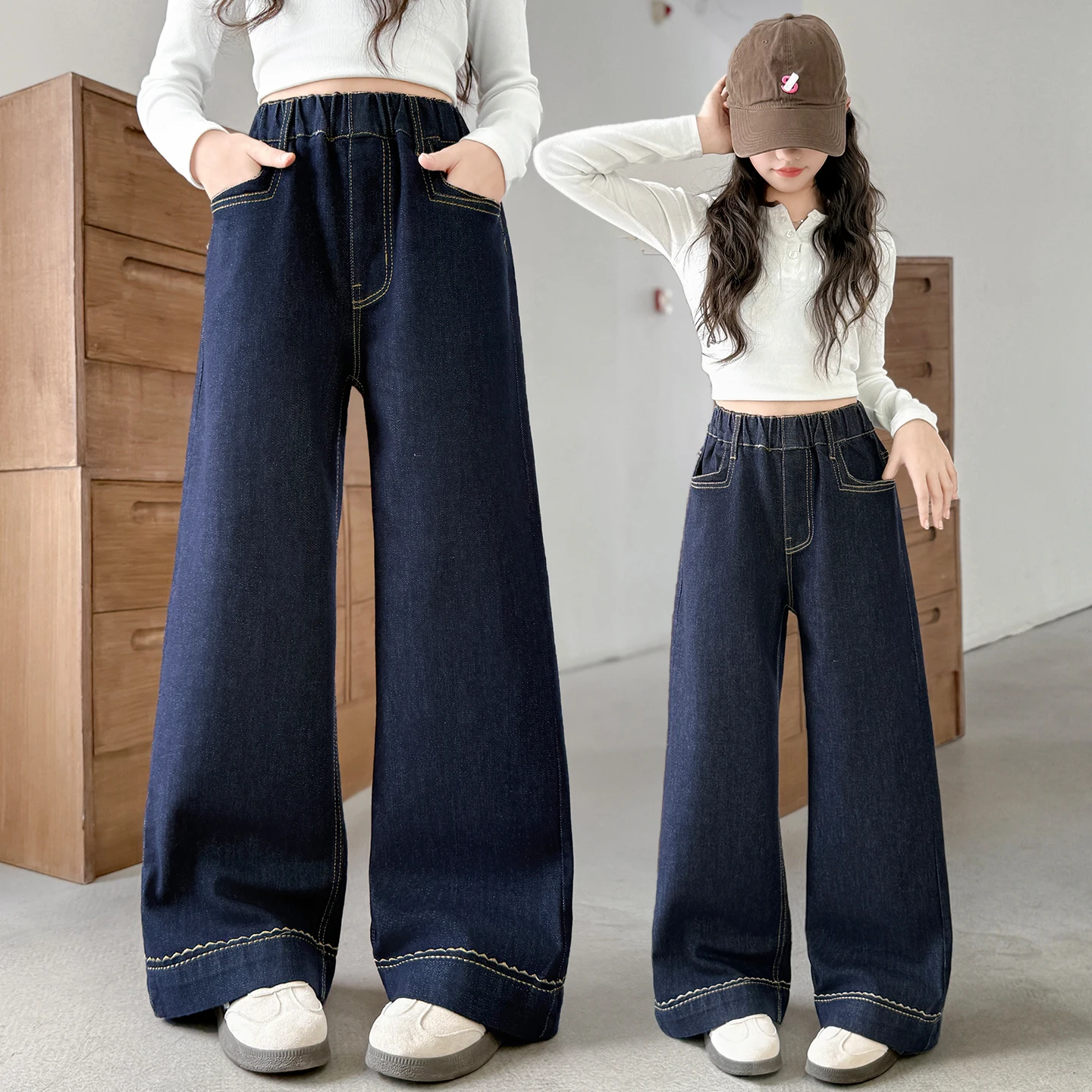 Girls jeans denim wavy line wide-leg pants autumn   pants straight-leg pants suitable for children aged 5-15