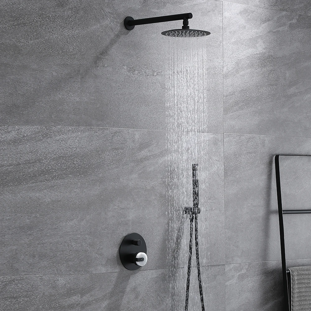 SKOWLL Matte Black Concealed Shower System with Natural Marble Handle, 2 Functions Built-in Wall Rain Shower Set, Round Overhead