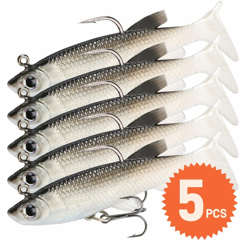 

Soft T-tail Swimbaits Fishing Jig Head Sinking Bait PVC Bionic Double Hook Lure for Saltwater Freshwater Crappie Trout Pike Bass