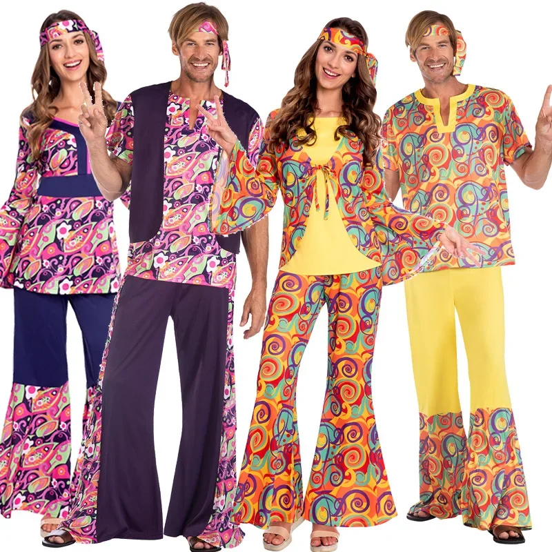 

2024 Women 60s 70s Disco Hippy Fancy Dress Up Men Groovy Hippie Costume Halloween Cosplay For Adult