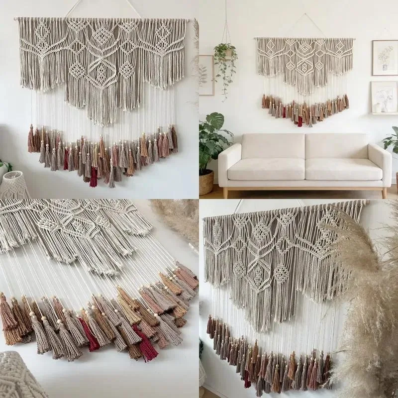 Vintage Grey Geometric Texture Nordic Tapestry for Living Room Bedroom Wall Hanging Hand Woven Decor