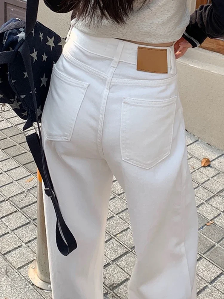 Summer Solid Color High Waist Slim Straight Casual Female Jeans White Classic Loose Fashion Simple Vintage Female Wide Leg Pants