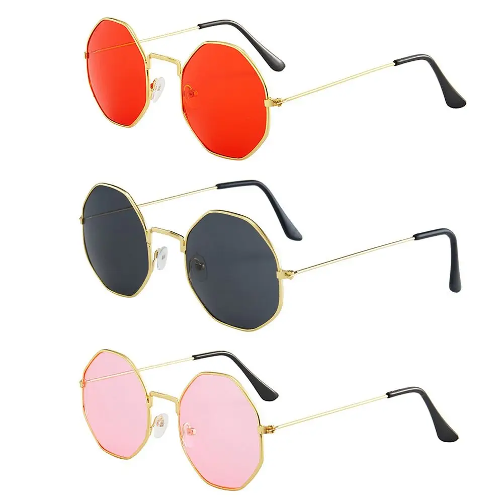 Sun-Protective Round Sunglasses Metal Frame Polygonal Shape Black Shades Glasses Outdoor Fishing Sunglasses for Women Man