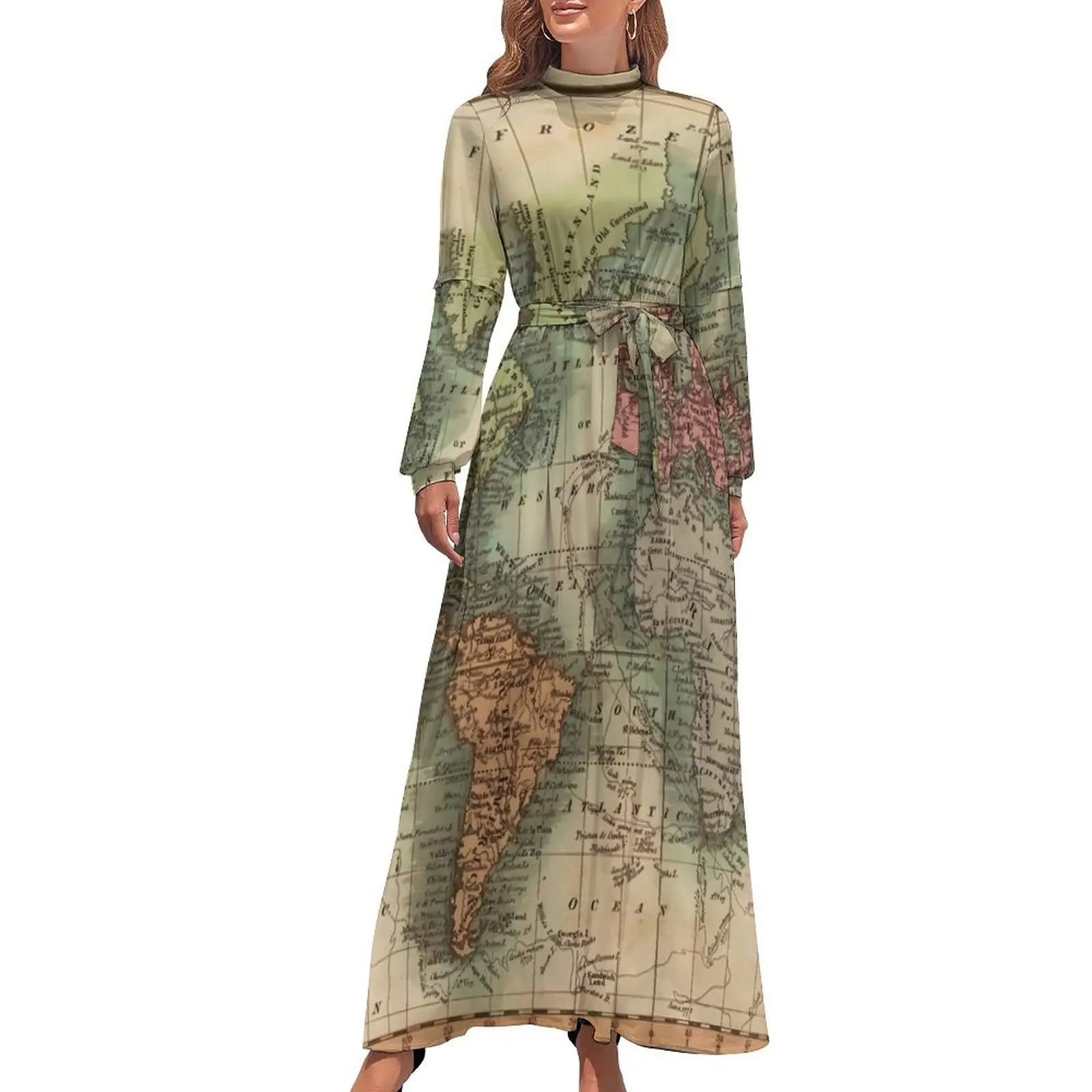 

World Map Dress High Waist Vintage Map of The World 1811 Graphic Beach Dresses Long Sleeve Long Maxi Dress Elegant Vestido