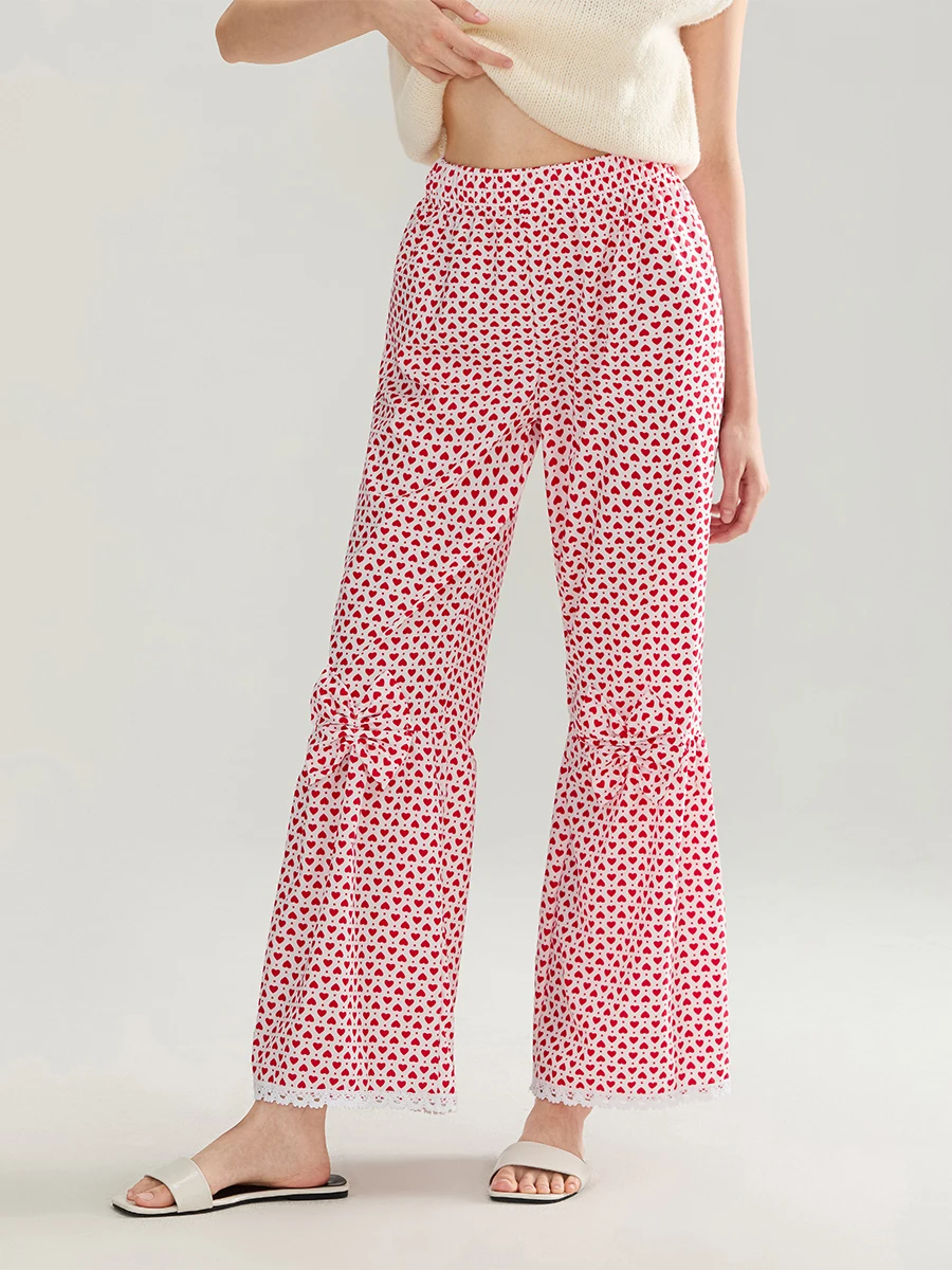 Pantalon de salon à imprimé cœur pour femme avec nœud, ceinture élastique, bas à volants, décontracté