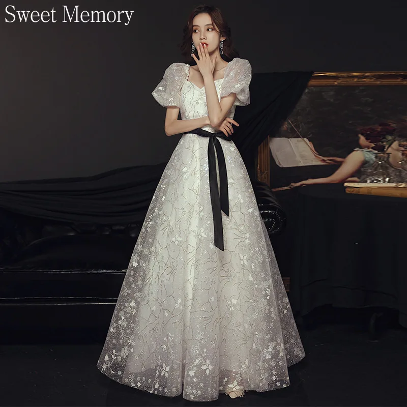 N130 Customized Square Collar White Dress Long Sweet Memory Princess Birthday Floor Length Cocktail Party Dresses For Women Girl