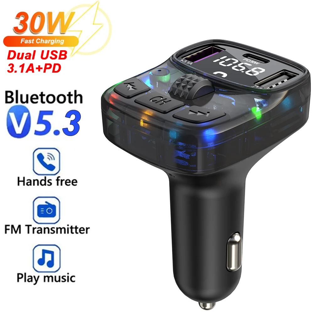 Car Bluetooth 5.3 FM Transmitter PD 30W Type-C Dual USB 4.2A Fast Charger Ambient Light Handsfree Radio Modulator MP3 Player