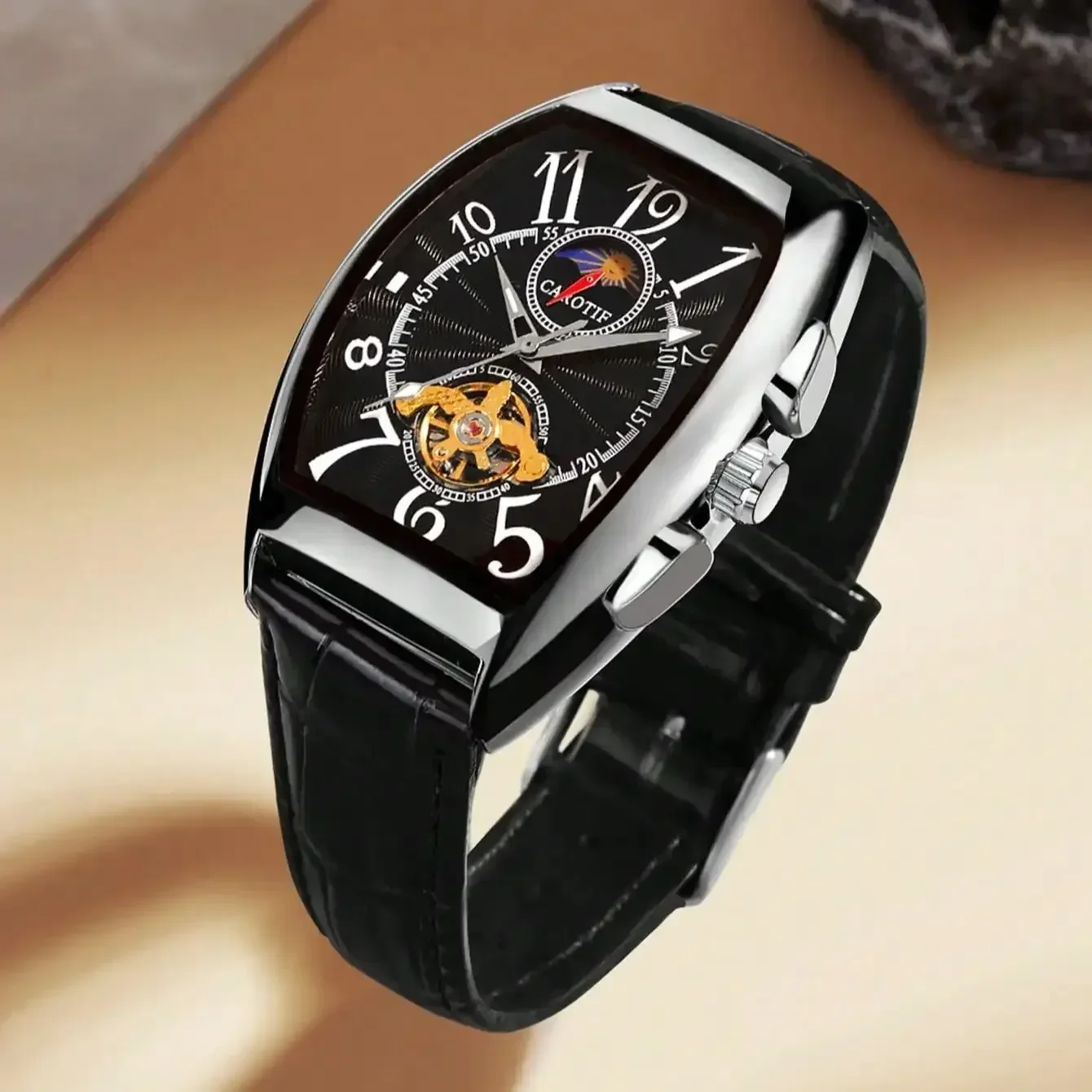 ساعة رجالية جديدة بأسلوب عمل، مكانة راقية، أناقة كلاسيكية، توهج ليلي، مرحلة القمر، ساعة ميكانيكية للرجال