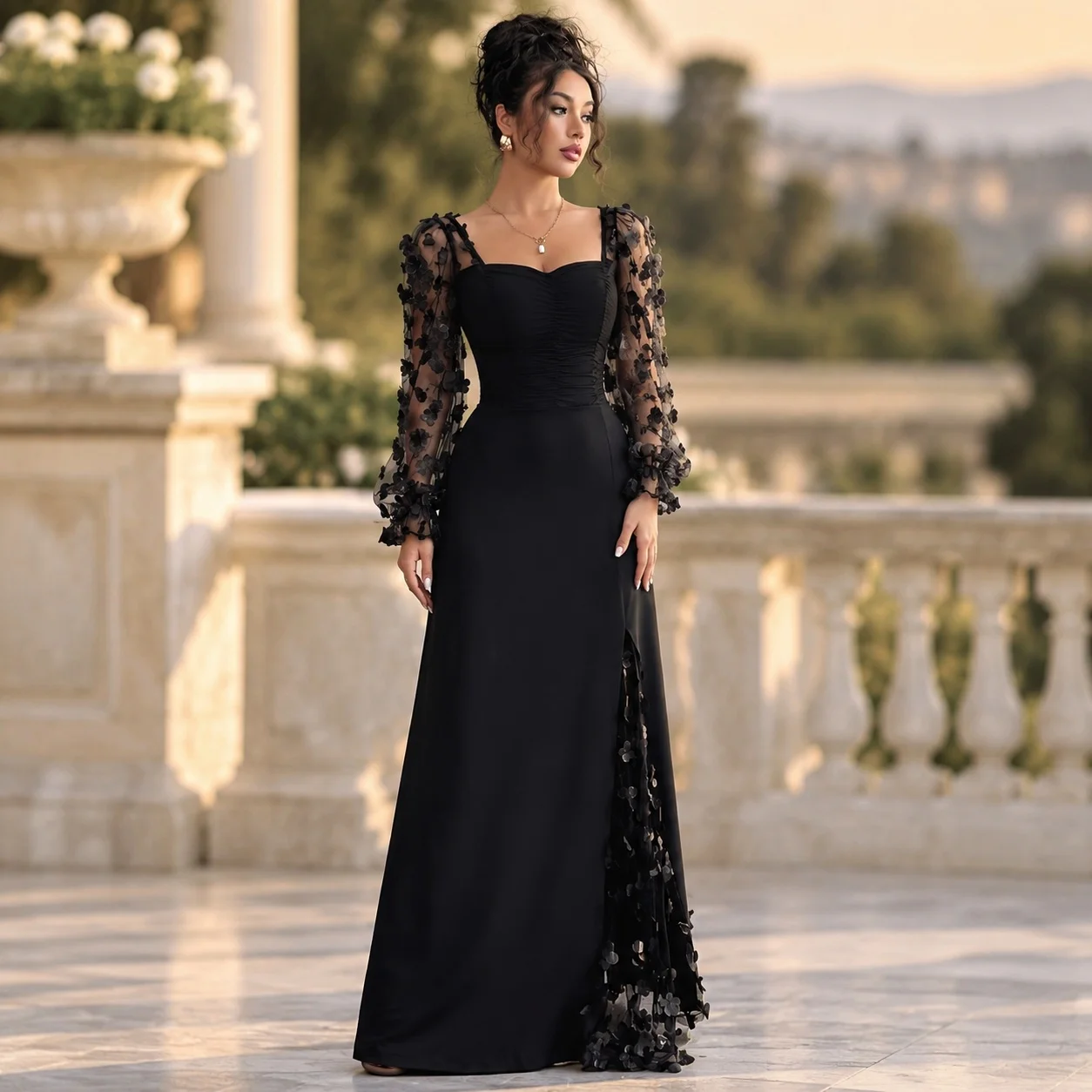 Long Sleeve Slim Fit Gown Fitted Elegant with Pullover Dress Summer Plant Floral Pattern Summer Dress for Wedding for Women