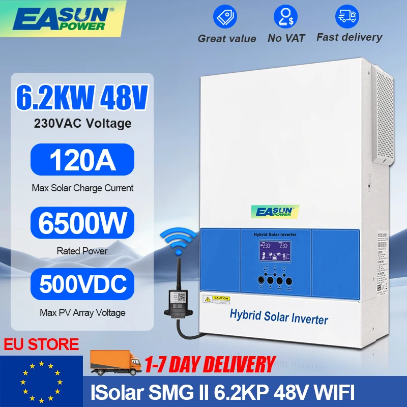 EASUN 6.2KW Hybrid Solar Inverter Off Grid 48V 220VAC Pure Sine Wave PV Input 500VDC 120A MPPT Built-in WIFI Support Lithium BMS