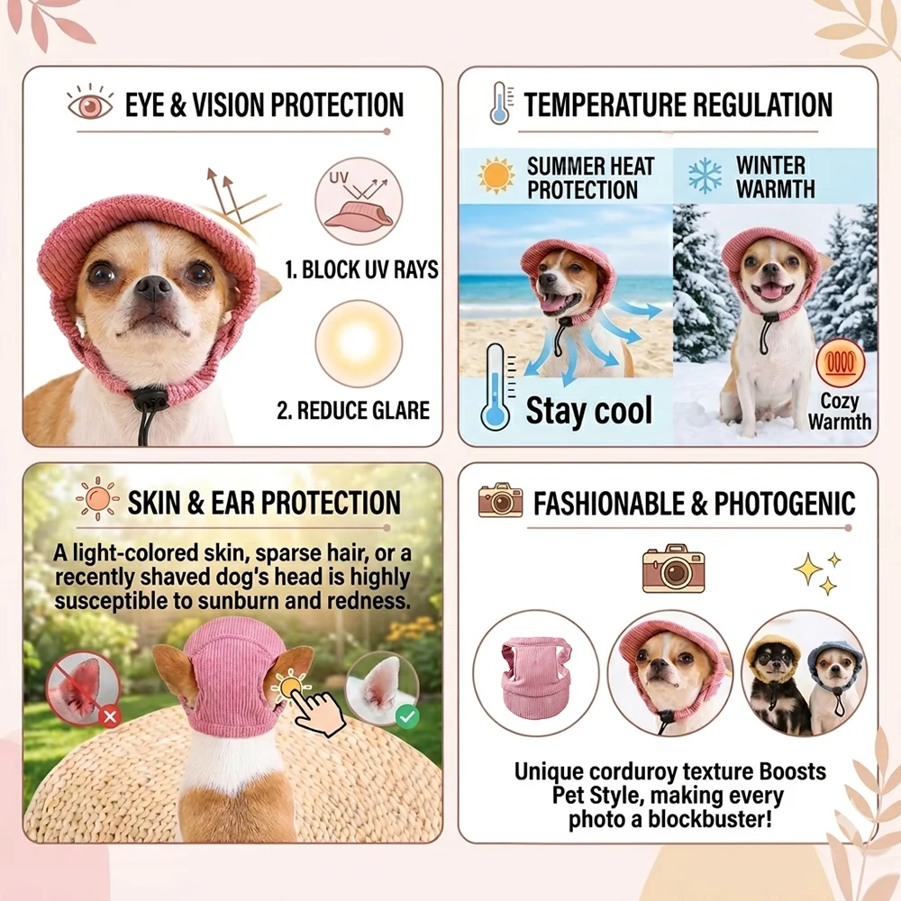 Sonnenhut für kleine und große Hunde und Katzen, verstellbare Baseballkappe mit Öffnung für die Ohren, winddichtes Cordstoff-Visier für Welpen, Haustierbedarf. – Detail 3