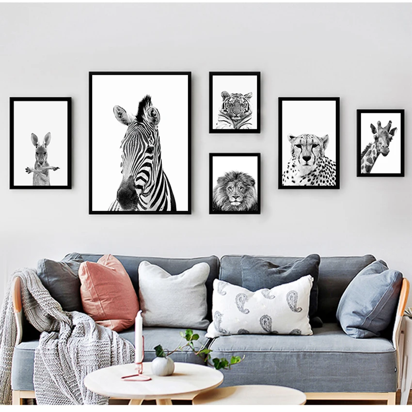 Schwarz-Weiß-Bilder Kinderzimmer-Dekoration Tier-Drucke Löwe Zebra Elefant Wandkunst Poster Safari Kinderzimmer Leinwand-Gemälde