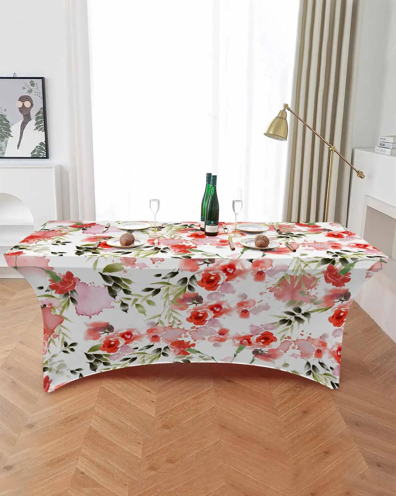 Watercolor Flower Rose Red Table Skirt Wedding Decoration Home Birthday Party Table Skirt Dessert Table Cover Home Decor