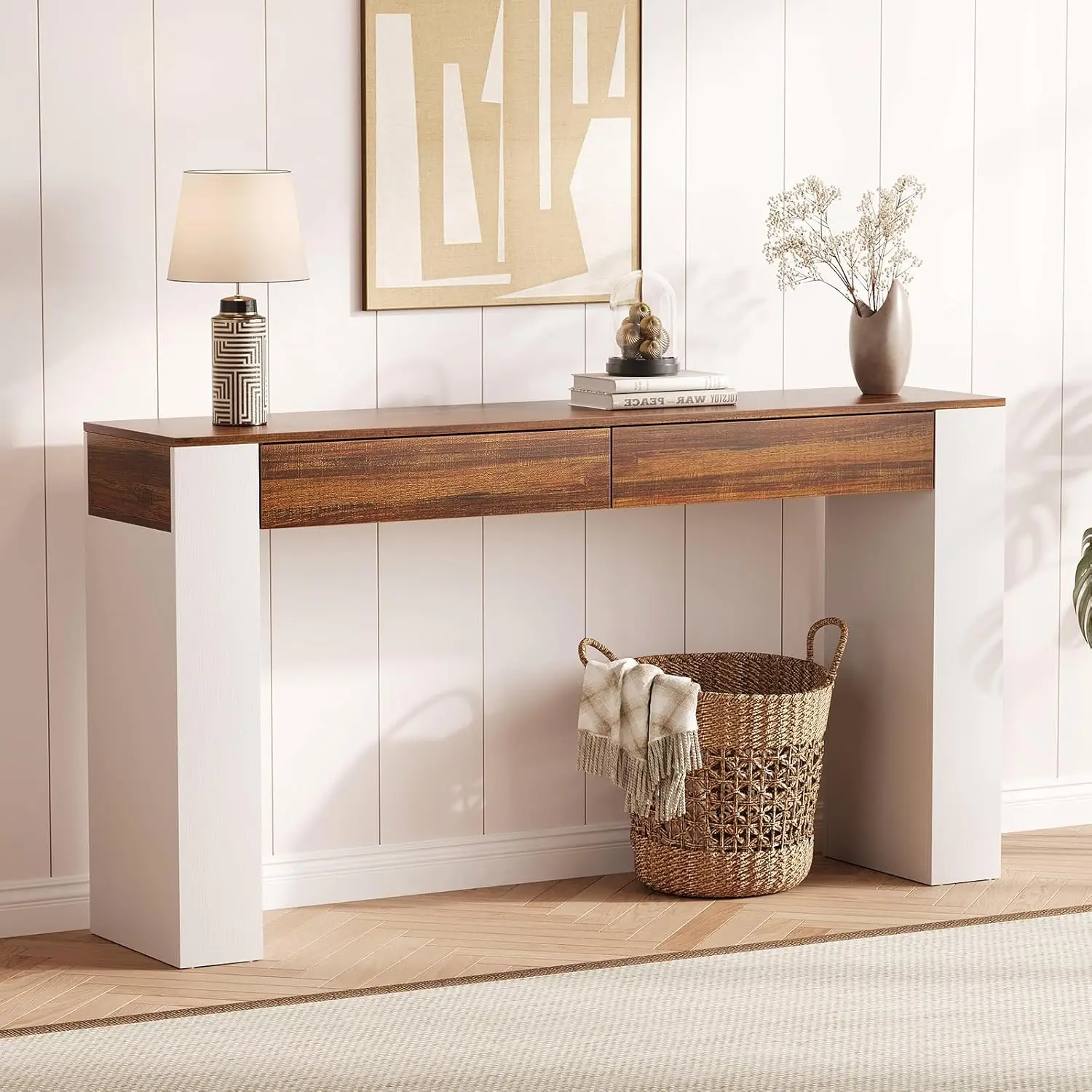 z331   Entryway Table with 2 Drawers, Narrow Slim Console Table, Long Wood Sofa Table Behind Couch for Hallway & Living Ro