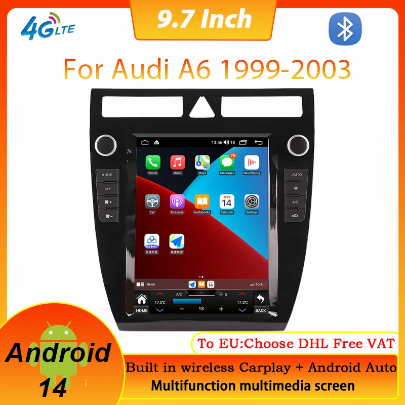 

Android 14 system 8 core 9.7 inch Car Video Multimedia Player Screen For Audi A6 1999-2003 GPS Navigation Carplay 4G DSP