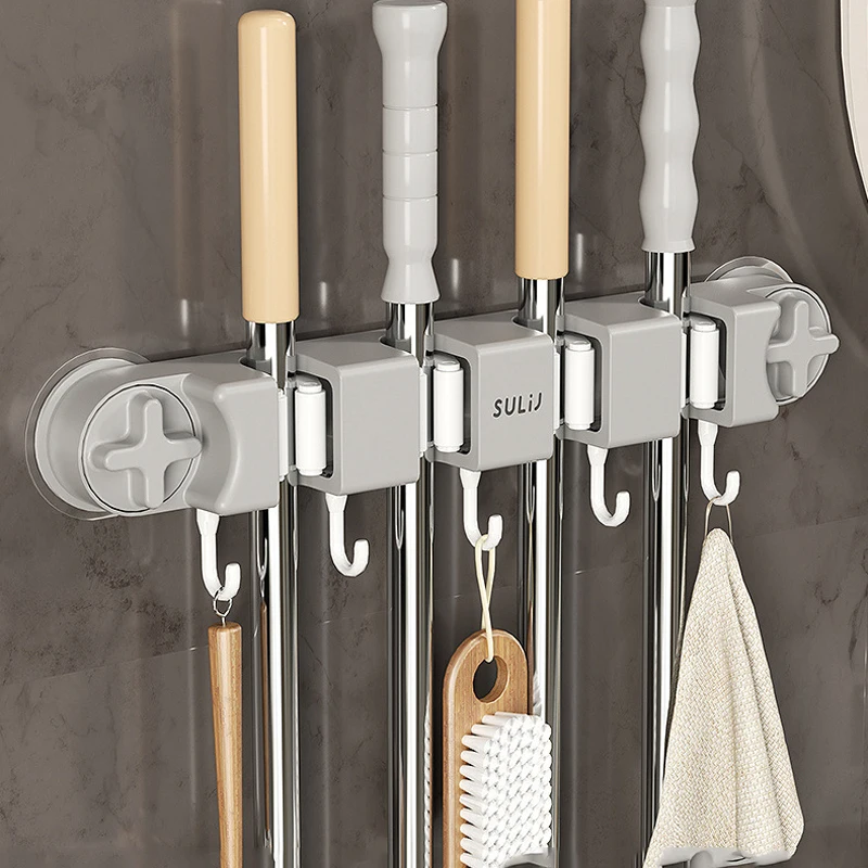 Suction Cup Mop Clips Holder 2-4Clips Wall Mop Brush Broom Hanger Rack Kitchen Bathroom Organizer Shelf Clamp with Hook Accessor