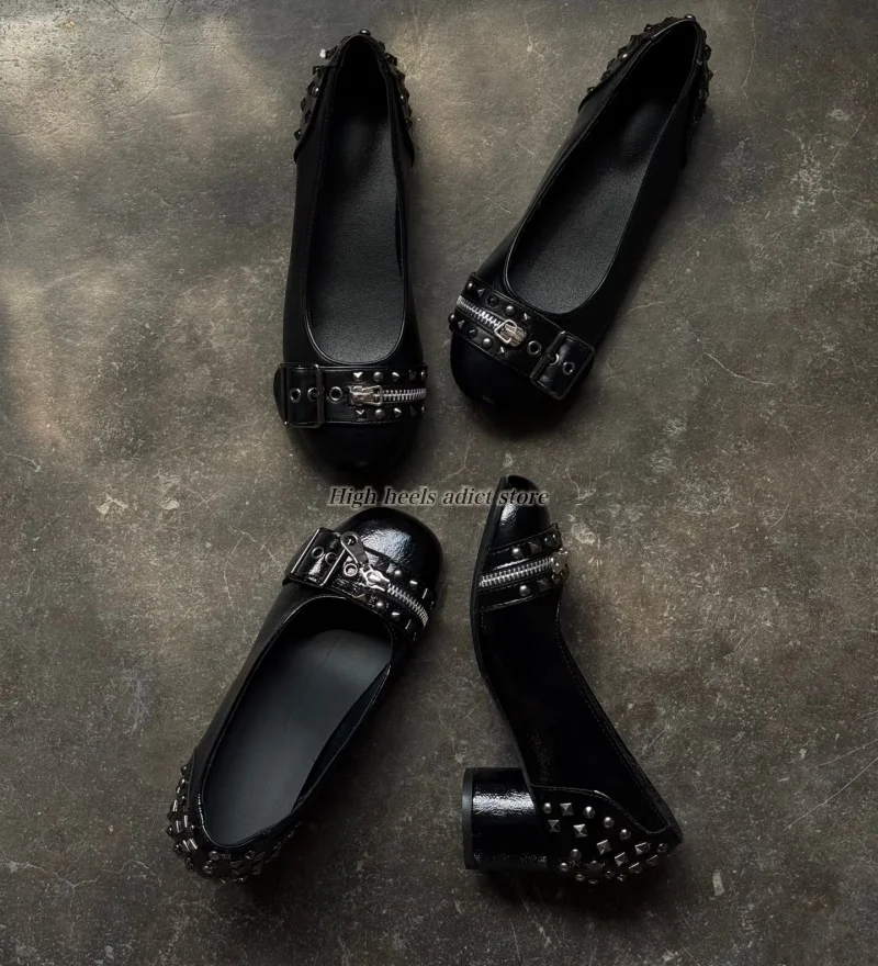 Women's studded black leather chunky low heels pumps rivets round toe cool punk luxury comfy causal dress designer shoes