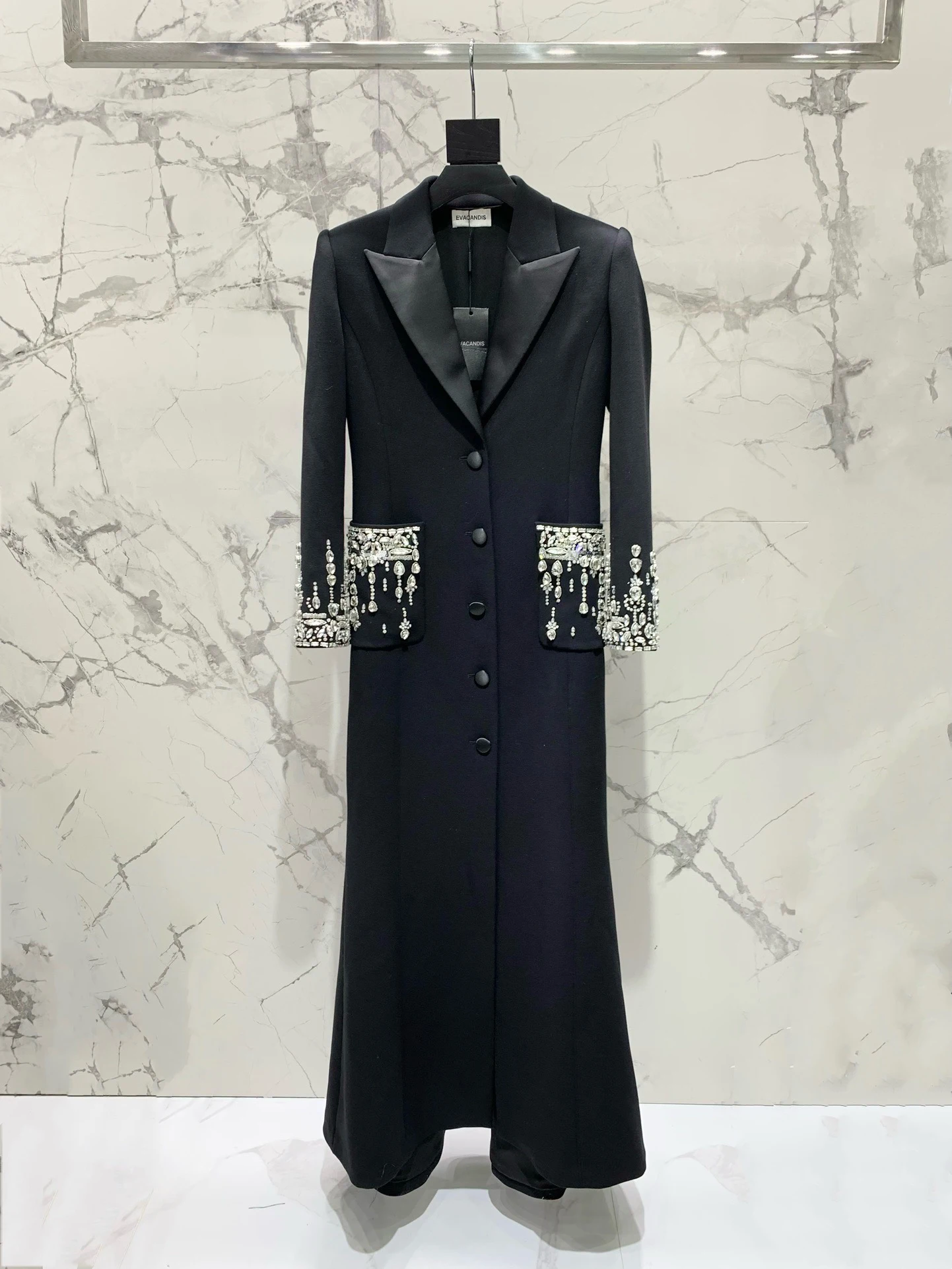 

EVACANDIS Runway Designer Haute Couture Women Long Blazer Coat Turn-down Collar Wool Blended Handmade Top Quality Luxury Elegant