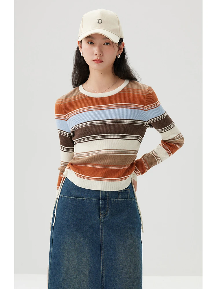 ZIQIAO Contrasting Color Design Women Casual 4.4% Wool Pullover Sweaters 2024 Spring New Long Sleeve Stripe Tops 24ZQ91169