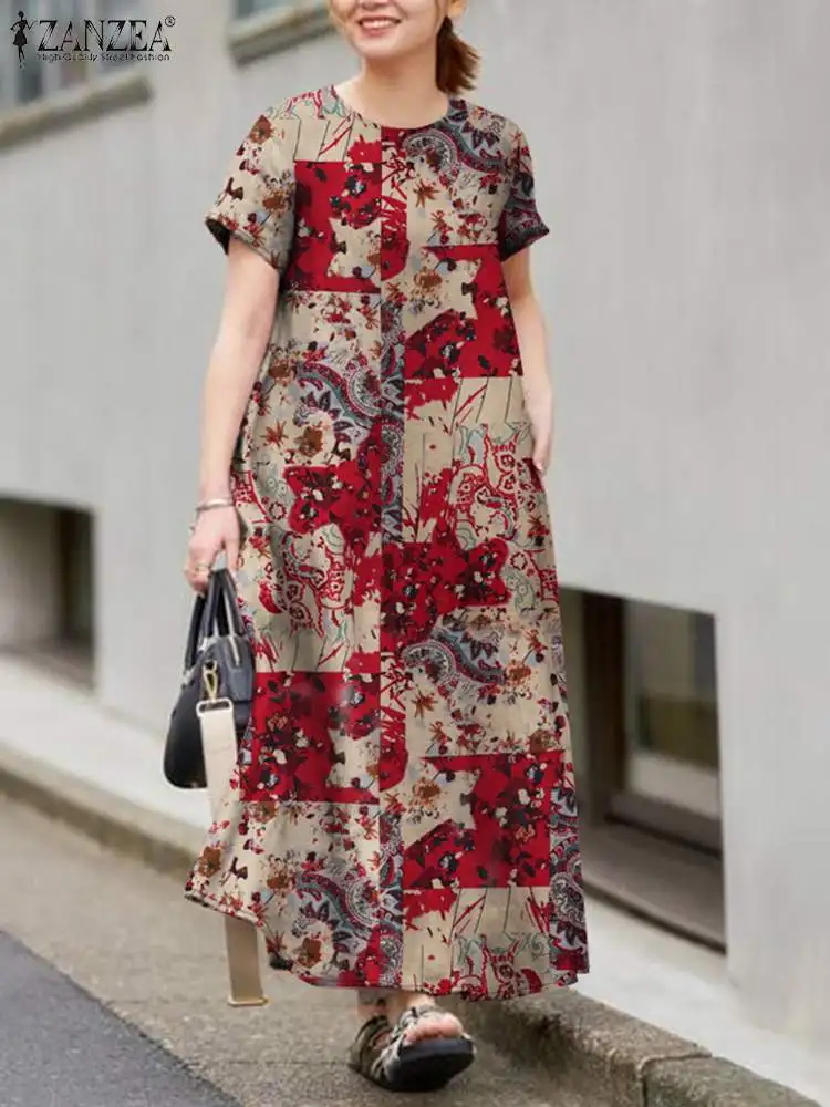 Vintage Floral Printed Dresses ZANZEA Summer Maxi Long Dress Bohemain Women O Neck Short Sleeve Sundress Casual Baggy Robe Femme