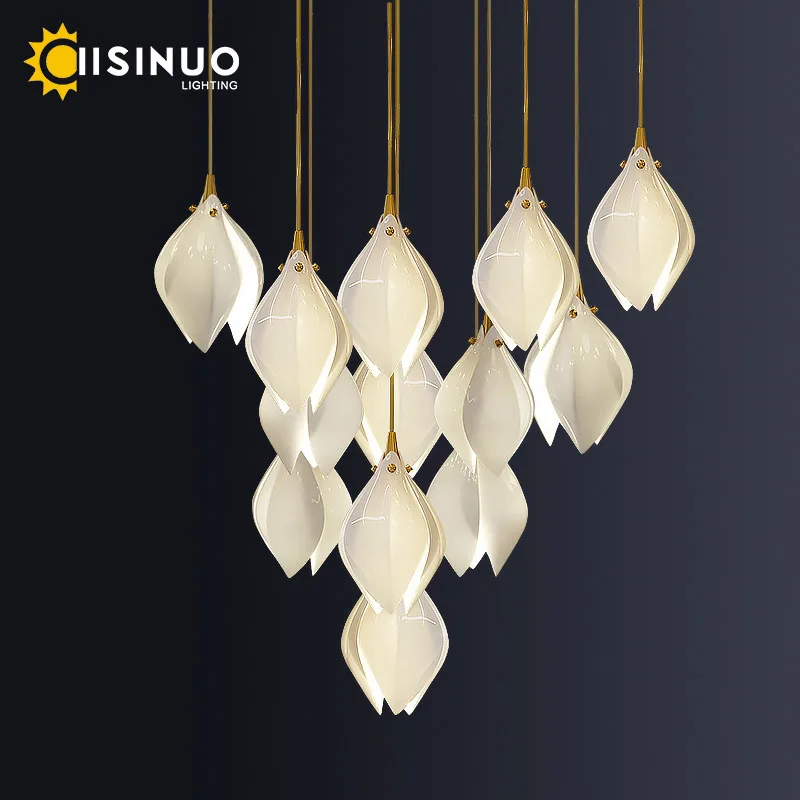 

Cream Style Ceramic Magnolia Pendant Light Extra Long Floral Chandelier for Double Height Living Room Stairwell Villa Foyer Loft