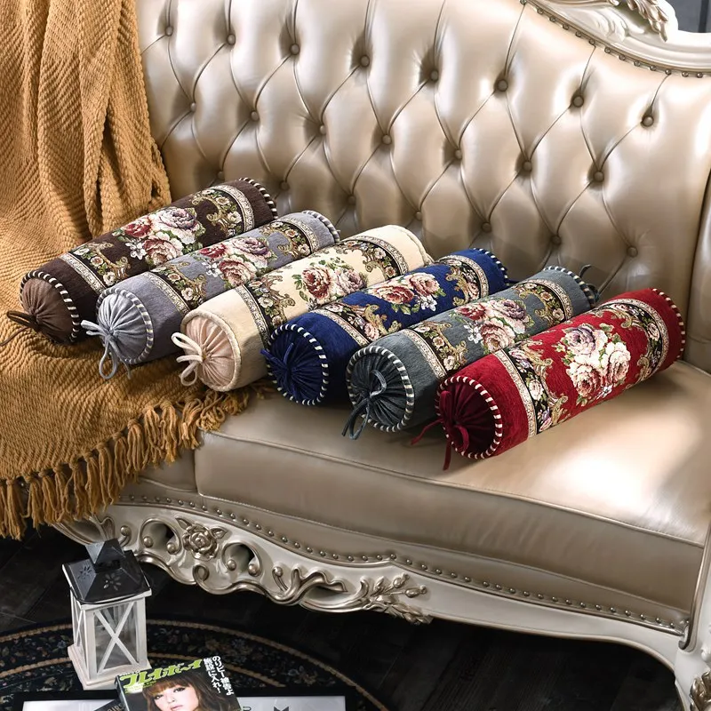 1PC European Chenille Cylindrical Pillow Cover Floral Embroidery Round Bolster Long Cusion Case Neck Back Rest Bed Sofa Decor
