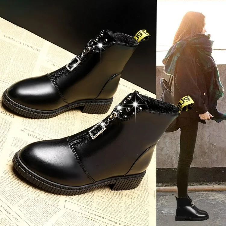 

Hot Seller Women's New British Style 2025 New Rivet Horseshoe Heel Versatile Black Velvet Winter Fashion Boots Shoes for Women