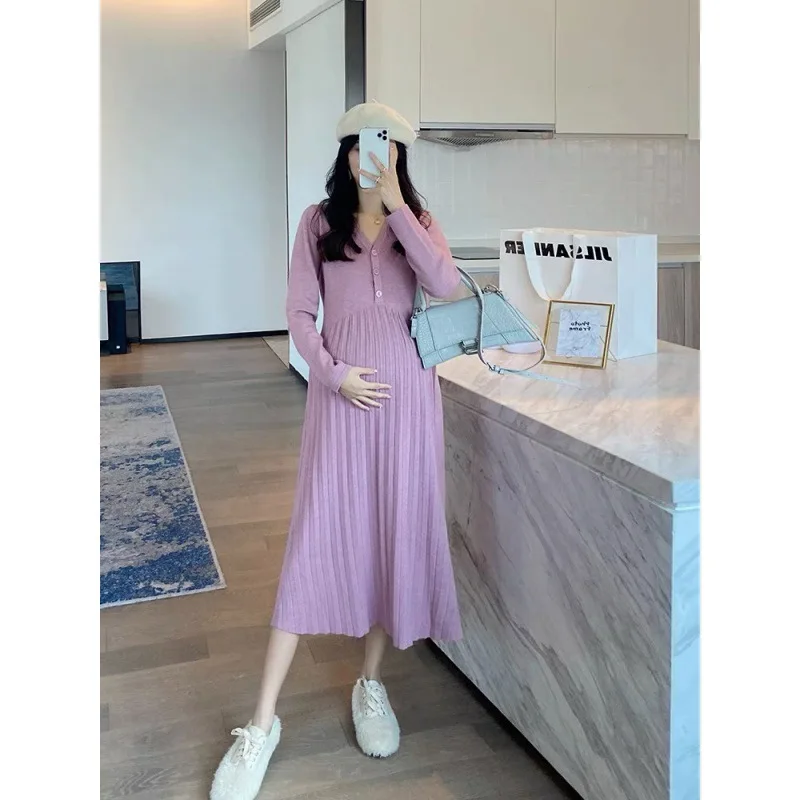 ملابس الأمومة خريف جديد فضفاض غطاء البطن تخفيض العمر فستان طويل الركبة موضة مطوي #4