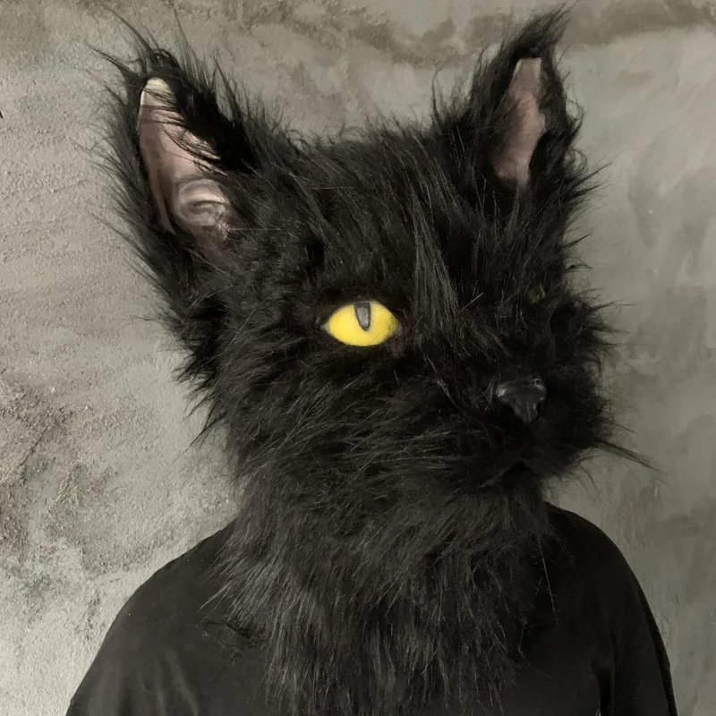 Lateks z futrzanym czarny kapelusz Cosplay maska straszny kask śmieszny kostium kaptur zwierzę maseczka do włosów nakrycia głowy dla dorosłych jeden rozmiar