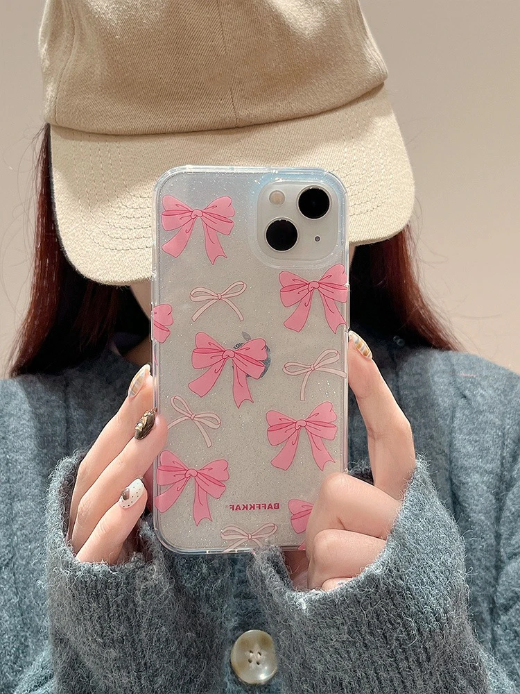 Fashion Full Pink Bow Glitter Bling Case For iPhone 11 12 13 14 15 Pro Max Clear Phone Cover