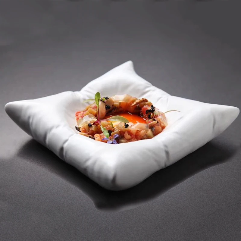 Ceramic Imitation Pillow Dinner Plate Cuisine Square White Black Dessert Artistic Conception Tableware