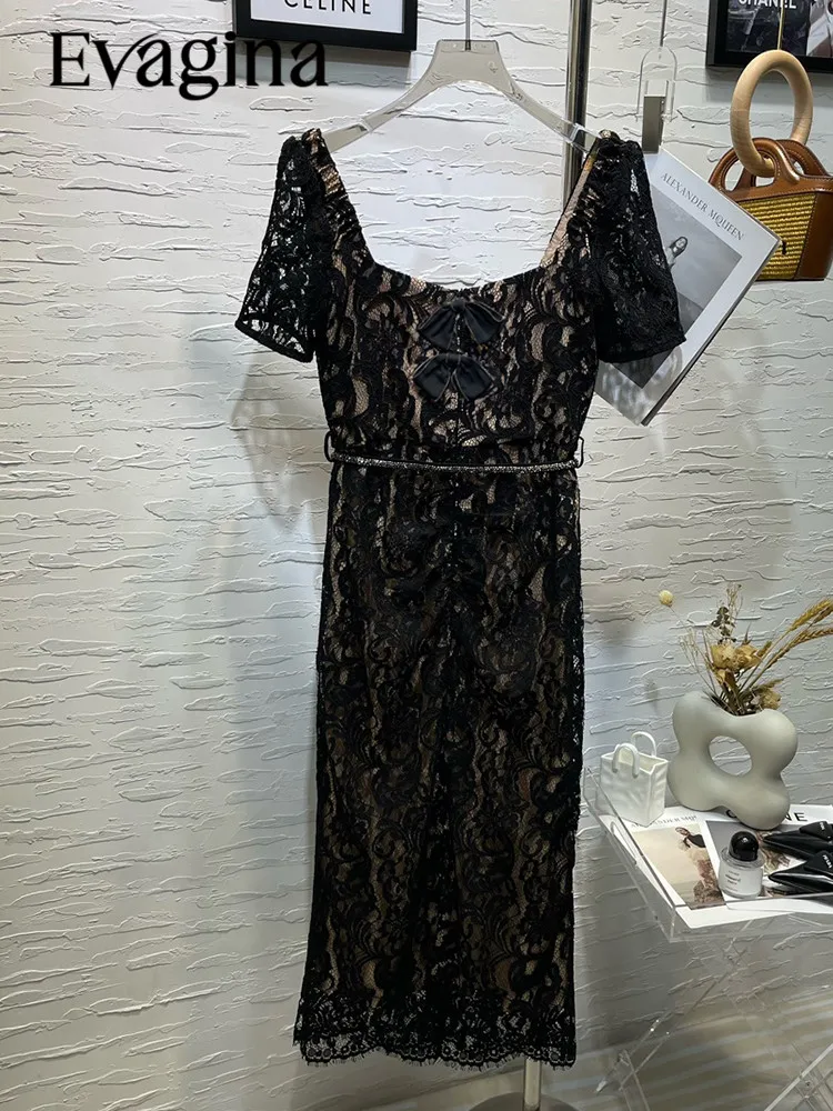 Evagina Spring/Summer Polyester Elegant Sexy Cut-Out Lace Bow Diamond Decorated Square Neck Black Slim Dress