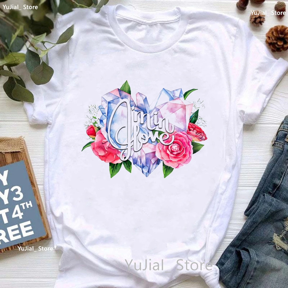 

Cute Watercolor Roses And Crystals Print T Shirt Women Clothes 2024 Funny White Tshirt Femme Summer Fashion Short Sleeve T-Shirt