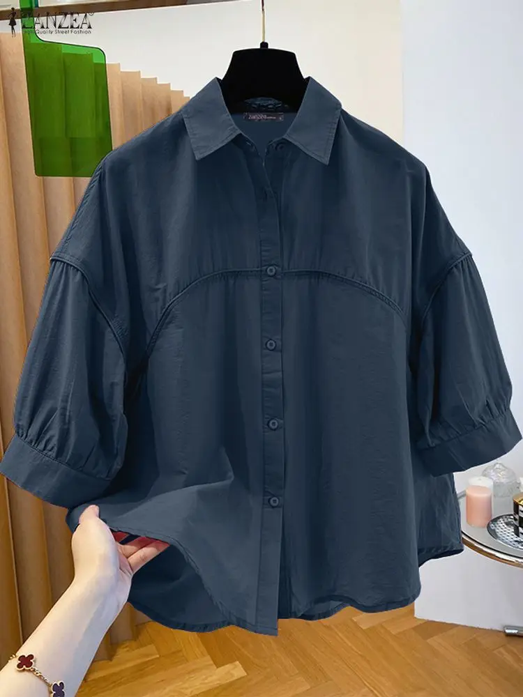 Mulheres elegantes 3/4 lanterna manga blusa zanzea verão camisas elegantes casuais botões sólidos blusas soltas mujer escritório topos femme