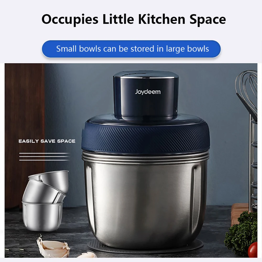 Joydanes JD-376B電気食品プロセッサー、ガーリックペラー付き肉挽き肉、3つのステンレス鋼の弓野菜フルーツチョッパー、青