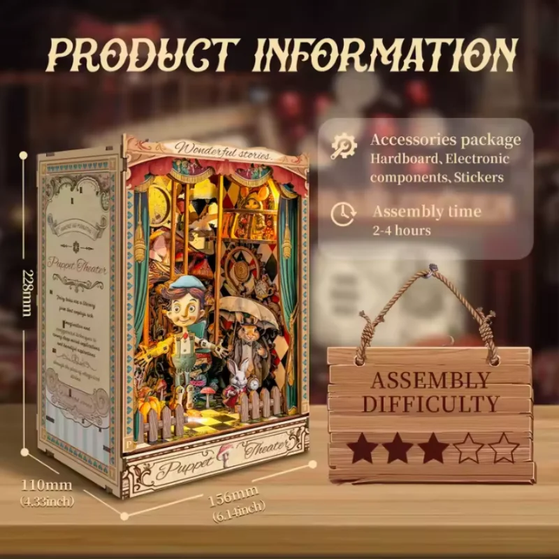 OUZEY Antique Marionette Stage DIY، غلاف خشبي ثلاثي الأبعاد مع مفتاح مخفي، نموذج غامض للمراهقين #3