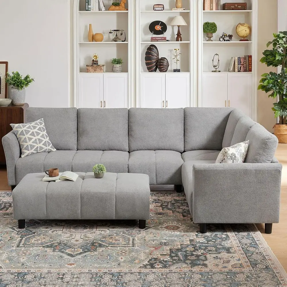 

6-Seat Light Grey L-Shaped Sectional Sofa with Ottoman and Removable Covers