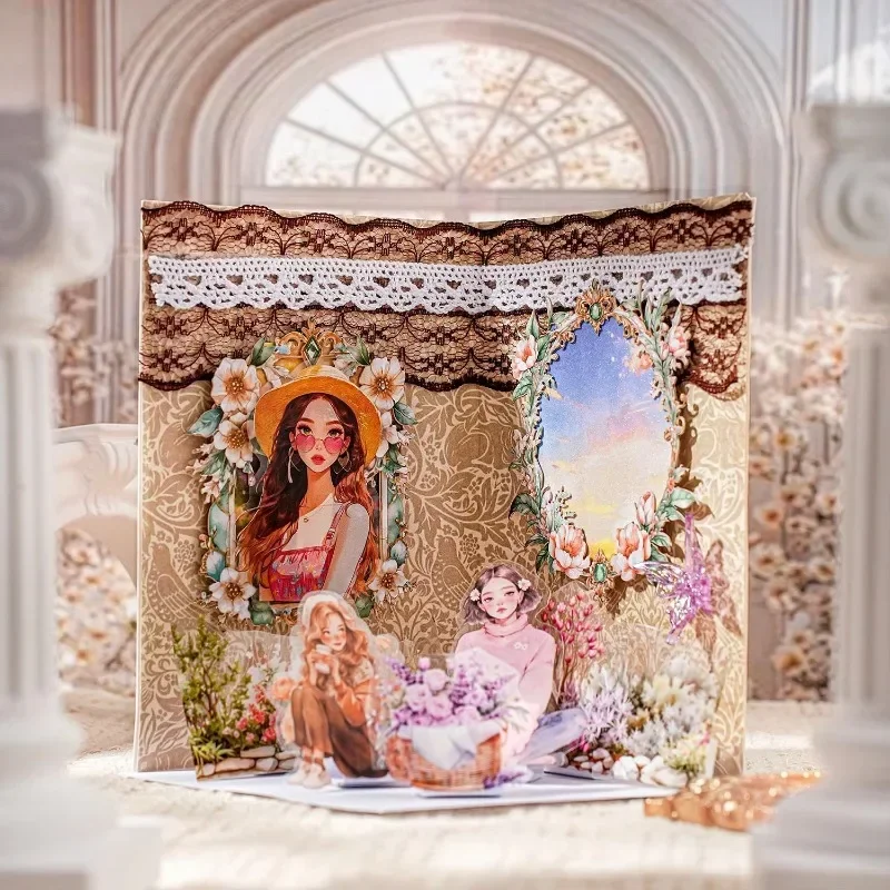 15Pcs Hard Stickers Card Green Vine Brown Green Daily Flowers Rococo Frame Border Decorative Background Scrapbook 135*100mm