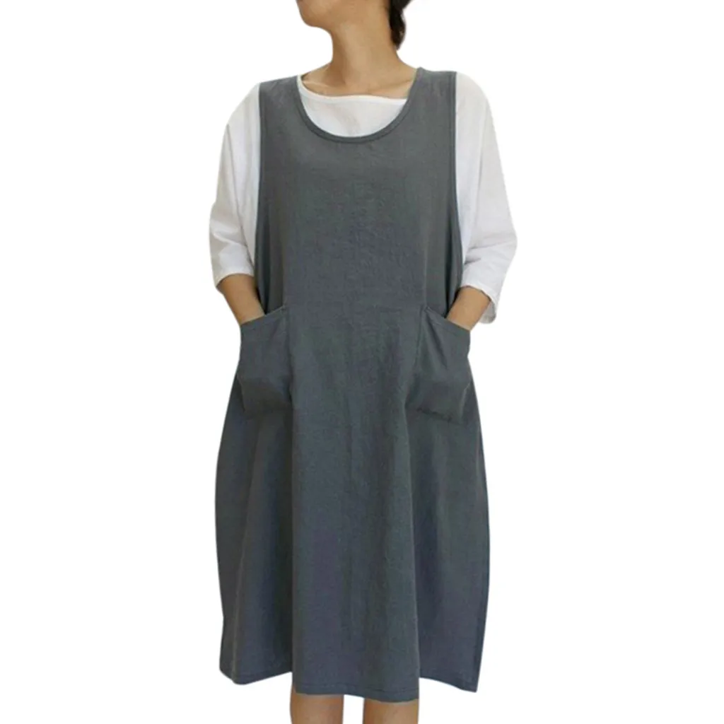 Kitchen Apron Women Cotton Tunic Dress Casual Sleeveless Knee-Length with Pockets Japanese Style Pinafore New 2023