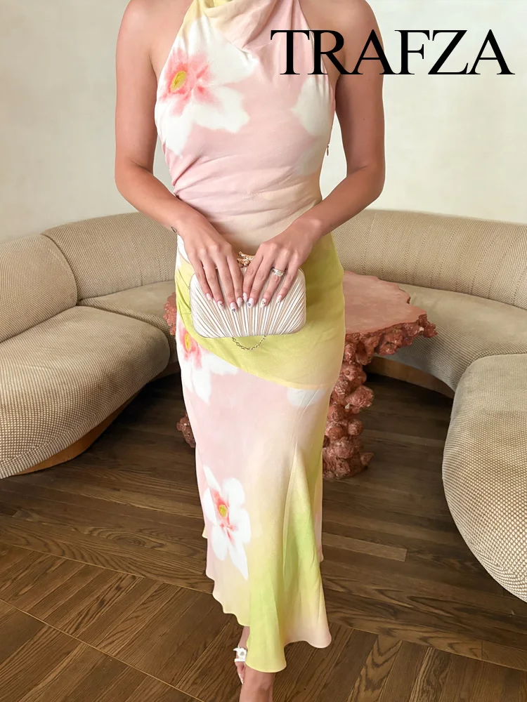 

TRAFZA Women 2025 Summer Fashion Halter Neck Flower Printed Midi Dress Female Elegant Sexy Backless Beach Style Long Dress Mujer