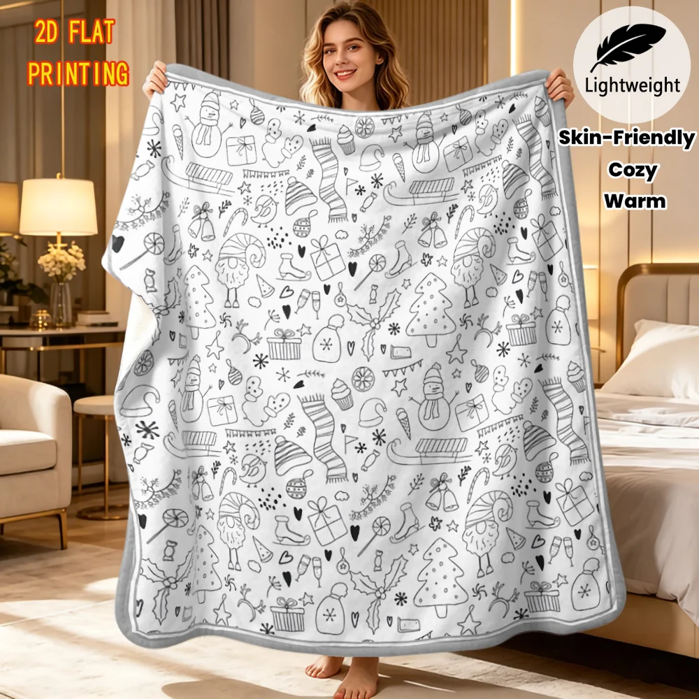 Xmas Doodle Throw Blanket Winter Snowman Gift Elf Tree Sketch Print Soft Flannel for Living Room Couch Kids DIY Decor Gift