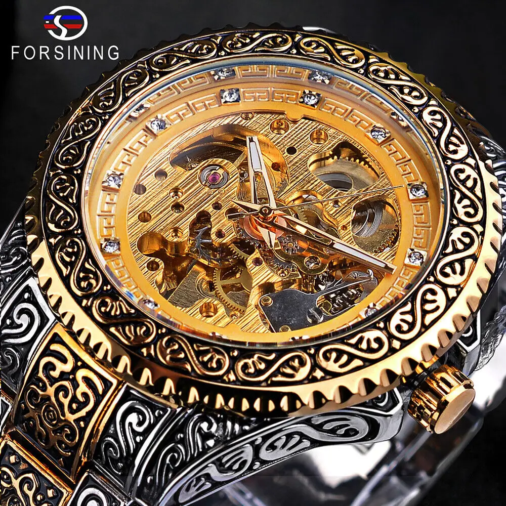 FORSINING Men\'s Luxury Diamond Carved Skeleton Automatic Self Wind Mechanical Wrist Watch Nice Gift