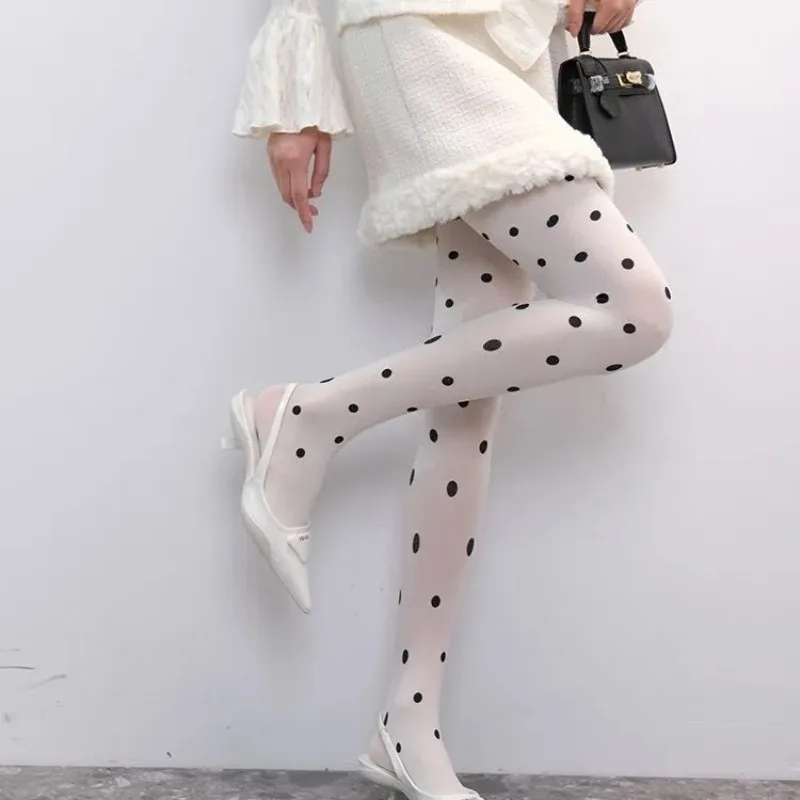 

Y2k Girls Small Polka Dots Tights Women 2025 Winter New Vintage Opaque Pantyhose Comfortable High Waist Stockings White Leggings