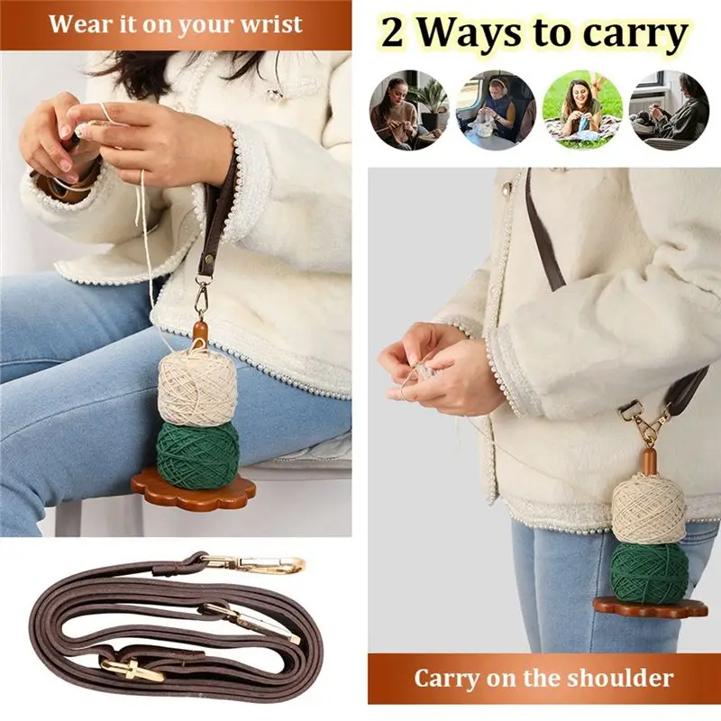 J1UL1N Portable Yarn Holder Knitting Tools DIY Wood Spool Wrist Strap Ball Winder Yarn Holder Spinner